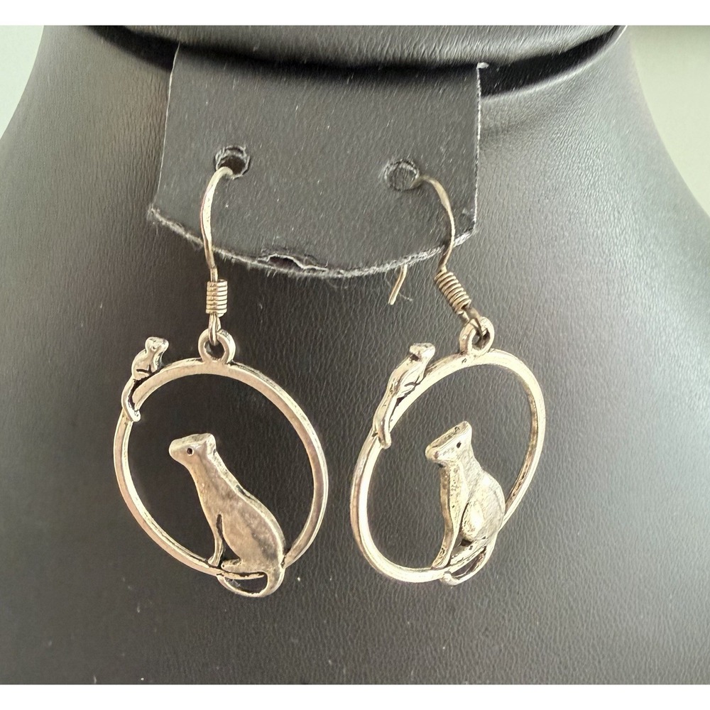 Cat and Mouse Hoop Dangle Earrings Silver Tone Boho Whimsical Cottagecore‎